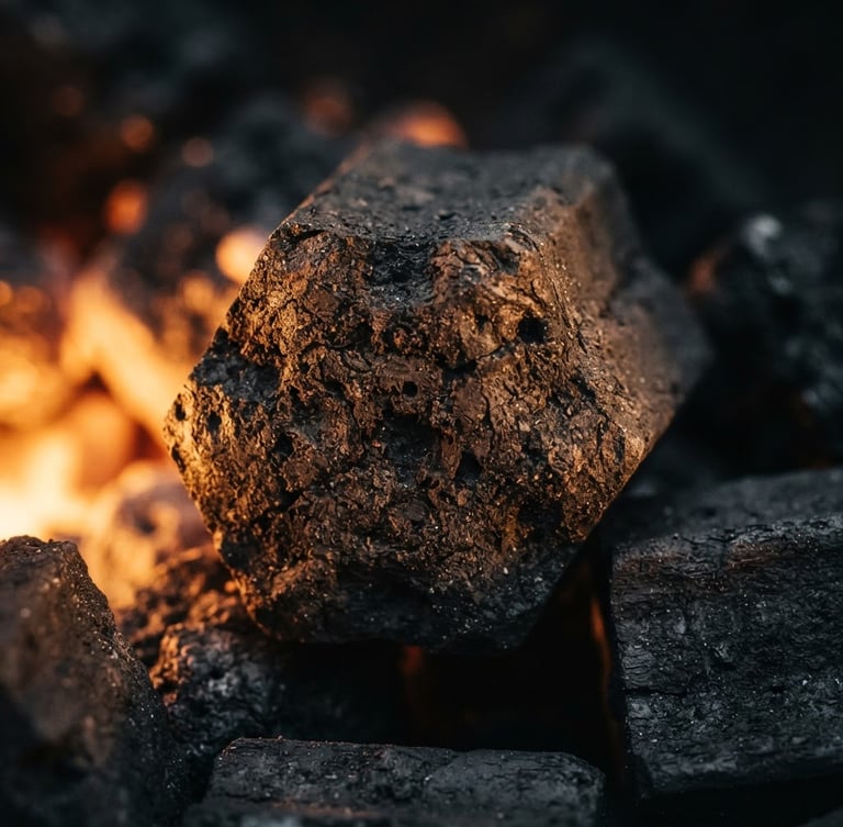 Macro shot of high-density charcoal briquettes with sharp edges, side-lit by a warm ember glow, showcasing deep carbon textures and industrial precision