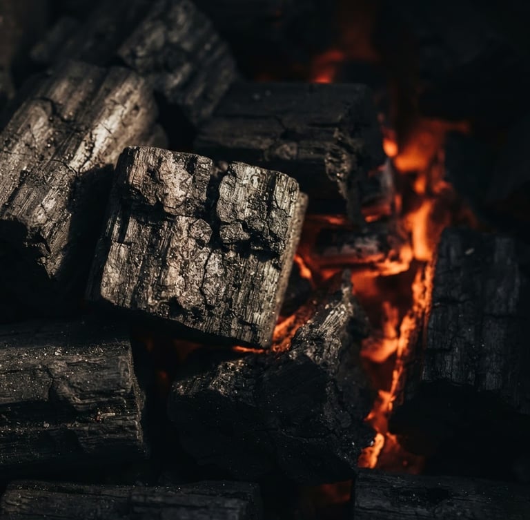 Dramatic side-lit macro shot of high-density Indonesian hardwood charcoal blocks, deep charcoal textures with subtle warm ember-like backlighting, 50mm, industrial premium.