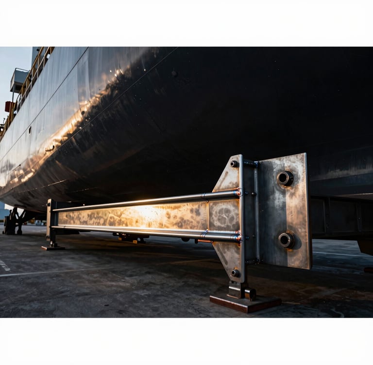 Low-angle shot of a massive steel trailer chassis on a dark shipyard dock in Batam, dramatic industrial lighting reflecting off clean weld seams.