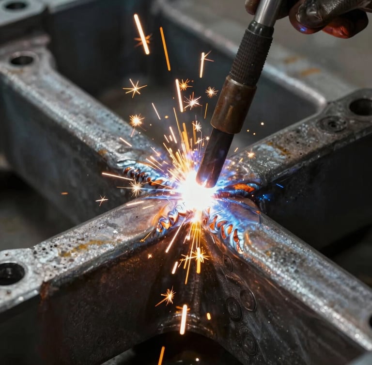 Close-up of flawless weld seams on a heavy steel chassis, dramatic yellow sparks from welding torch, high-contrast industrial lighting, dark metallic texture