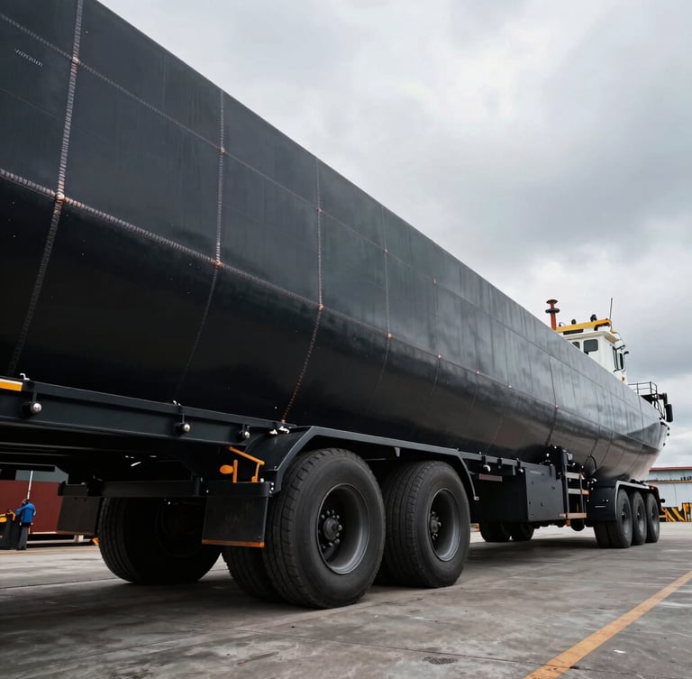 Low-angle panoramic shot of a massive multi-axle lowbed trailer chassis made of matte black steel, parked on concrete at the Sagulung shipyard, dramatic high-contrast overcast lighting highlighting metallic weld seams.