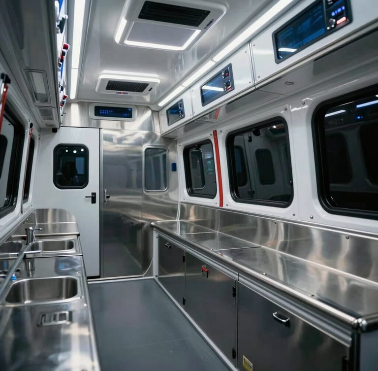 Low-key high-contrast interior of a modern ambulance, sterile stainless steel surfaces, ergonomic medical equipment racks, bright LED lighting casting sharp highlights on metallic edges, clean and precise layout.