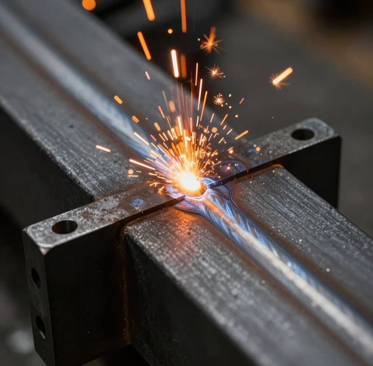 Extreme close-up of a flawless weld seam on a matte black steel beam, bright orange sparks frozen in mid-air, high-contrast industrial lighting highlighting the precise metallic texture