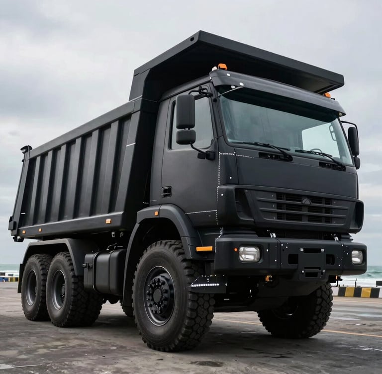 Low-angle dramatic shot of a completed heavy-duty dump truck, low-key industrial lighting highlighting flawless weld seams on matte black steel, overcast coastal daylight of Sagulung Batam in the background.
