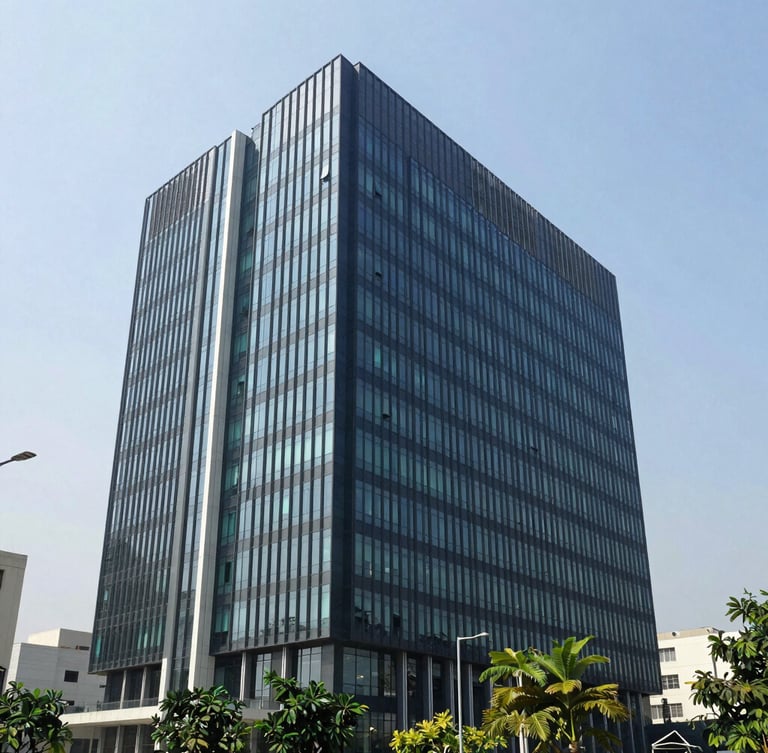 Architectural shot of a modern corporate office building in Bengaluru, bright clean daylight, professional corporate photography, 35mm