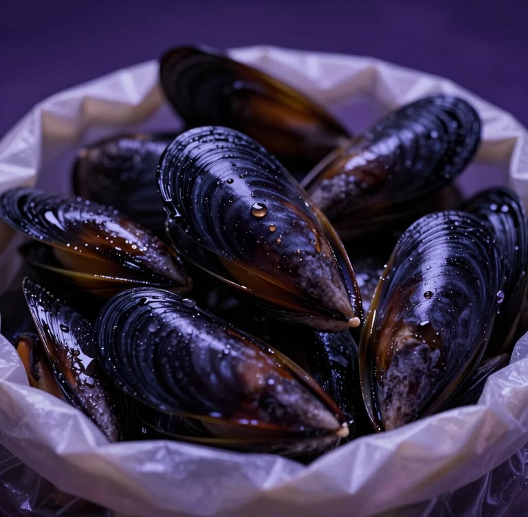 Extreme macro shot of glistening black mussel shells packed in a clean wholesale sack, dramatic deep purple studio lighting, high contrast, wet texture