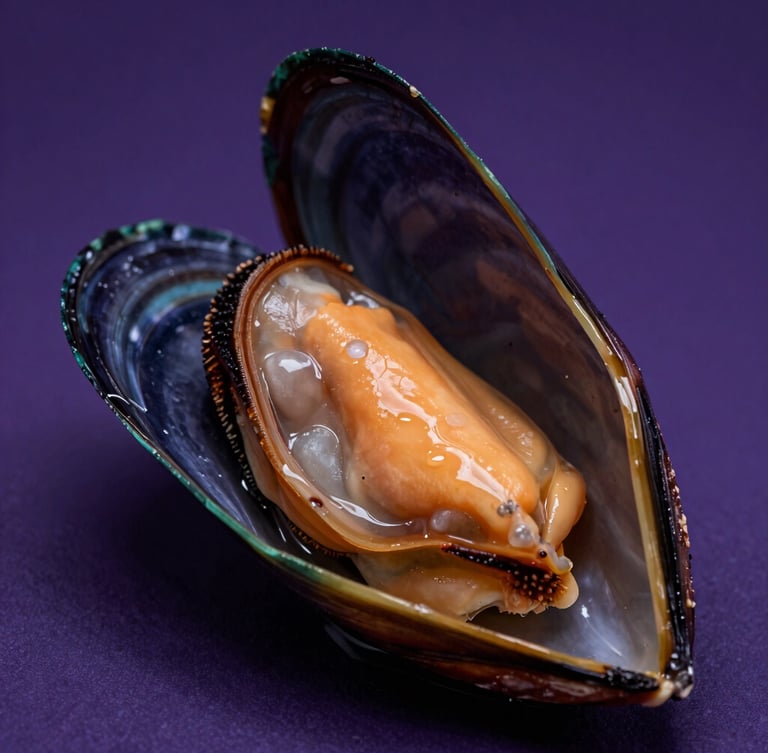 Extreme macro shot of an open, perfectly-meated cooked mussel, glistening wet texture, professional seafood styling, dark violet studio lighting, deep purple backdrop