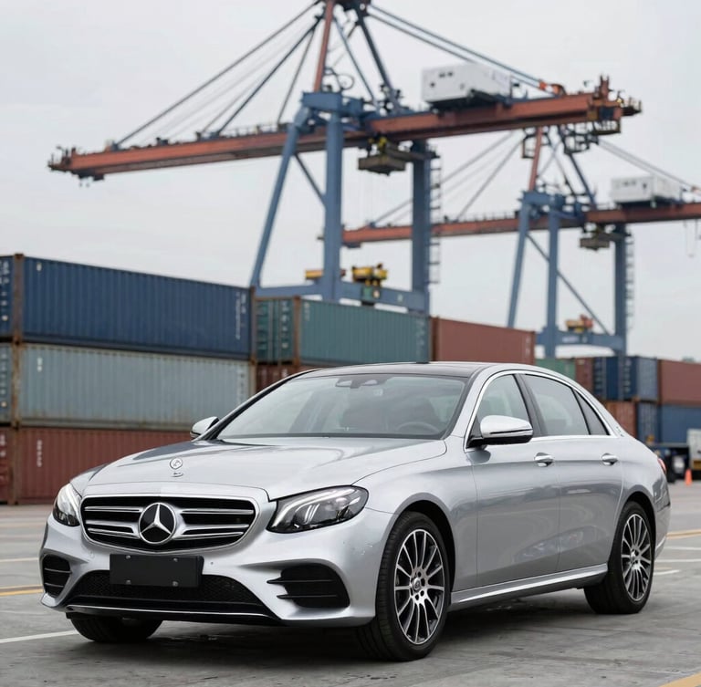 A clean silver Mercedes-Benz luxury sedan staged at a modern shipping dock, container cranes in the background, bright overcast daylight, cool metallic tones, sharp automotive photography, 50mm lens
