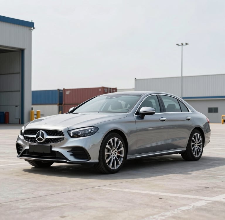 Sleek European luxury sedan parked in a clean modern shipping port depot, bright daylight, 50mm lens