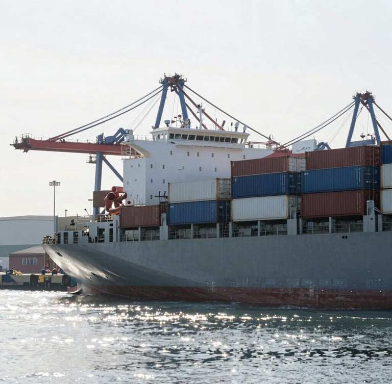 A sleek modern cargo ship loaded with containers at a deep-water port, bright morning light reflecting off the water, sharp automotive transport focus.