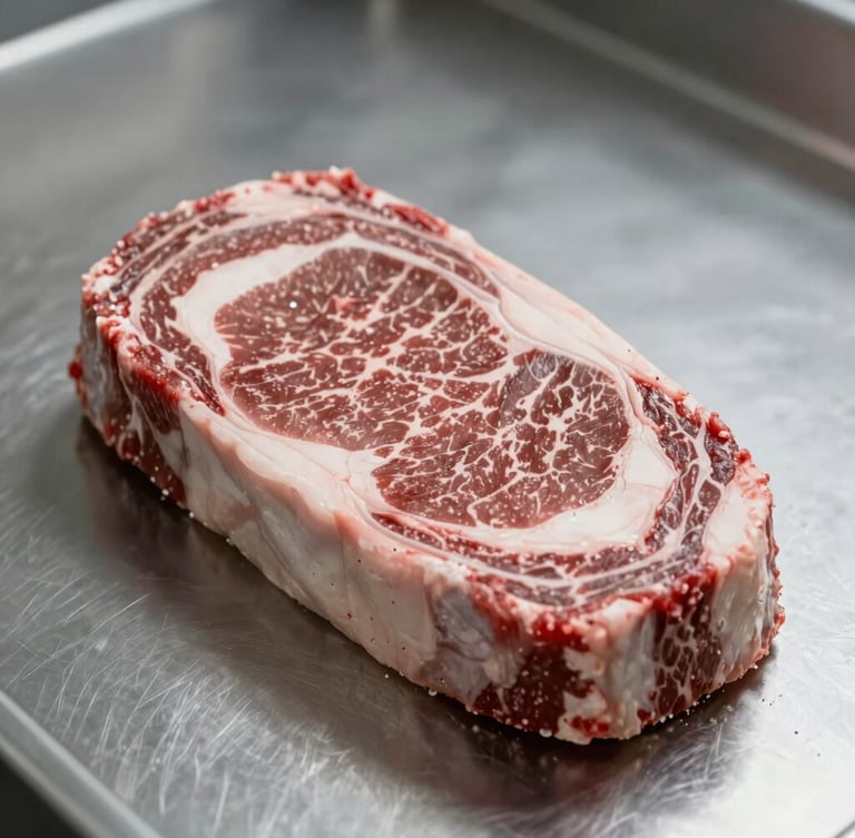 Macro close-up of raw ribeye steak with intense marbling on a clean stainless steel surface, bright cool directional light highlighting the fresh texture, professional meat processing environment.