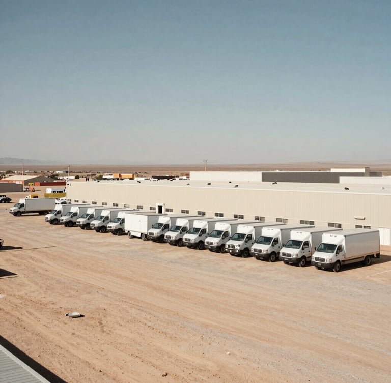Wide environmental shot of the secure El Paso logistics facility and fleet of transport vehicles under harsh desert sun, desaturated earth tones.