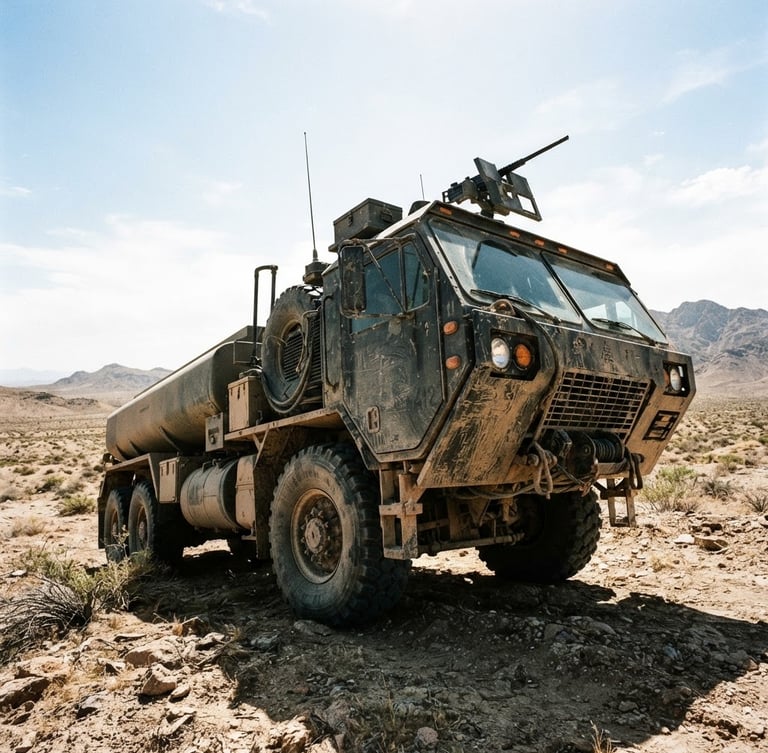 Low-angle high-contrast shot of a heavy-duty tactical transport vehicle parked in harsh desert daylight, desaturated earth tones, 35mm film.