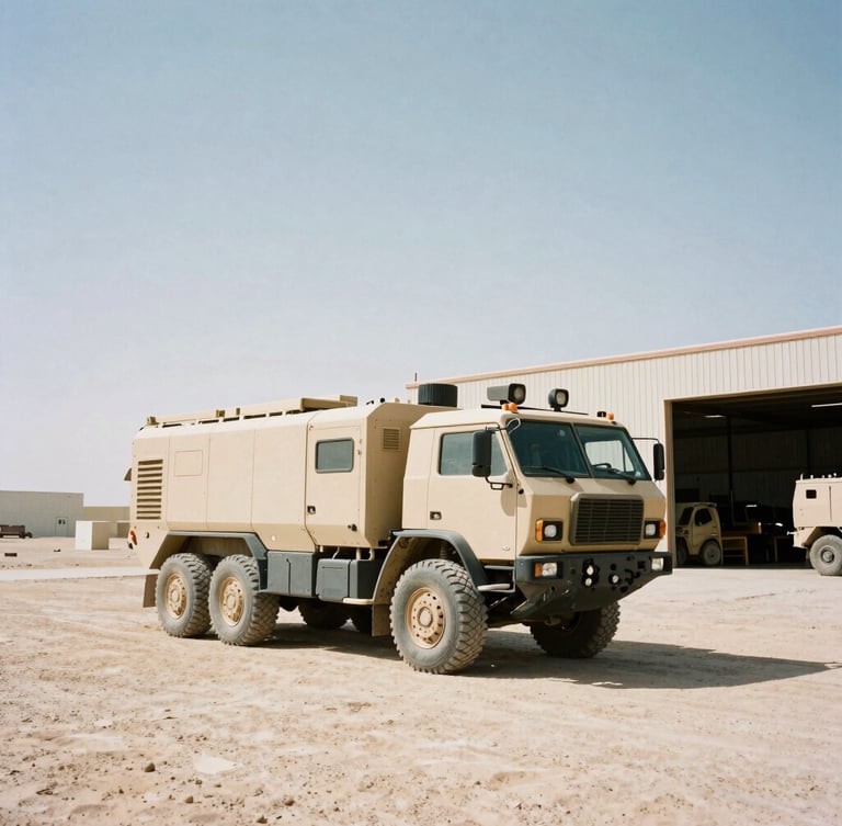 Low-angle powerful shot of a heavy-duty tactical transport vehicle parked in a high-contrast desert warehouse yard under harsh daylight, 35mm film style