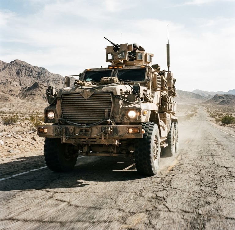 Low-angle powerful shot of a heavy-duty tactical transport vehicle on a desert highway, harsh desert daylight, high-contrast desaturated earth tones.