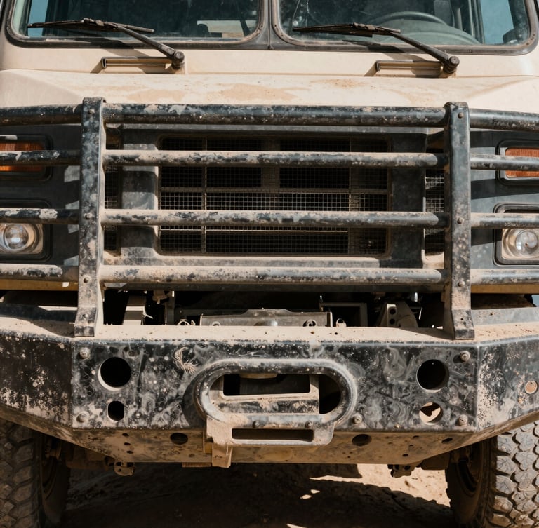 A close-up of a heavy-duty tactical transport truck's steel grille and reinforced bumper, harsh desert daylight casting deep shadows on the dusty metal surface.