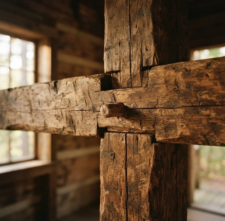 Tactile macro shot of hand-hewn 150-year-old timber joinery, soft morning light filtering through forest trees, warm earthy tones, 35mm