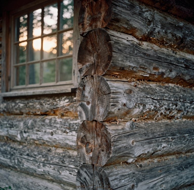 Macro photograph of 1800s hand-notched log cabin corner, weathered gray timber, deep broadaxe scars, soft morning light filtering through forest trees, warm heritage photography, 35mm