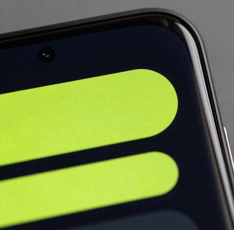 Extreme close-up of a flagship Android screen displaying a high-contrast dark interface with electric-lime active states refracting off the curved glass edges.