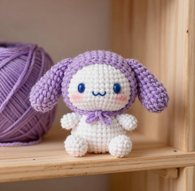 warm editorial photography, soft natural daylight, pastel and vibrant purple tones, macro lens showing yarn texture of a cute hand-knitted amigurumi character on a cozy wooden shelf