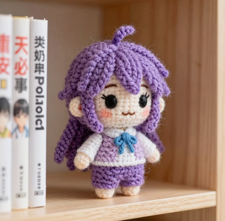 Macro shot of a highly detailed needle-felted anime character on a wooden shelf next to manga volumes, soft warm natural light, visible fiber textures