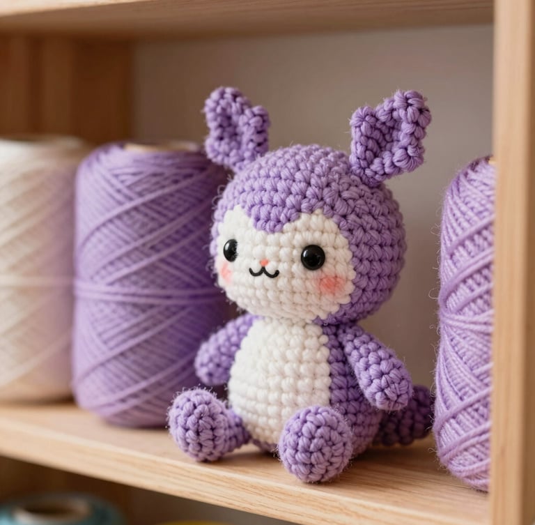 Close-up of a cozy handmade amigurumi plushie of a cute fantasy creature sitting on a wooden shelf next to colorful yarn rolls, soft natural daylight, macro lens showing texture