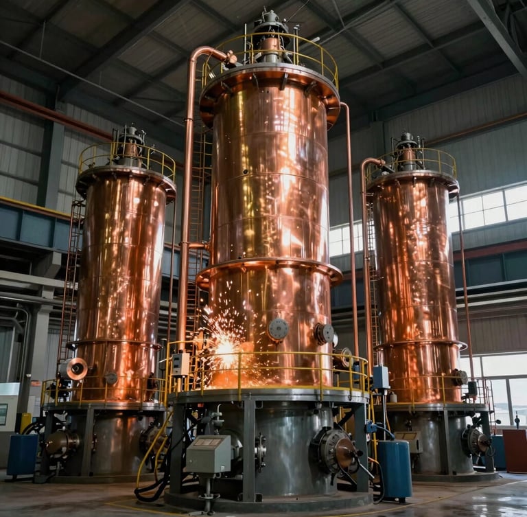 Vertical portrait of a modern mineral processing plant interior, towering steel flotation cells and copper refining machinery, dramatic industrial lighting with warm sparks and metallic reflections.