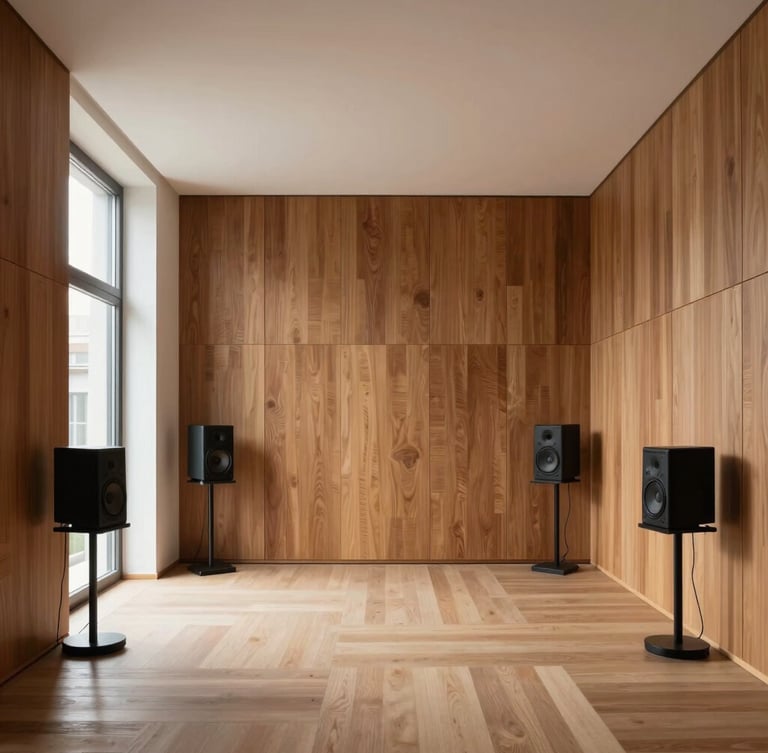 Symmetrical architectural wide shot of a minimalist Scandinavian living room with integrated walnut acoustic panels, soft natural light from a side window, and high-end studio monitors.