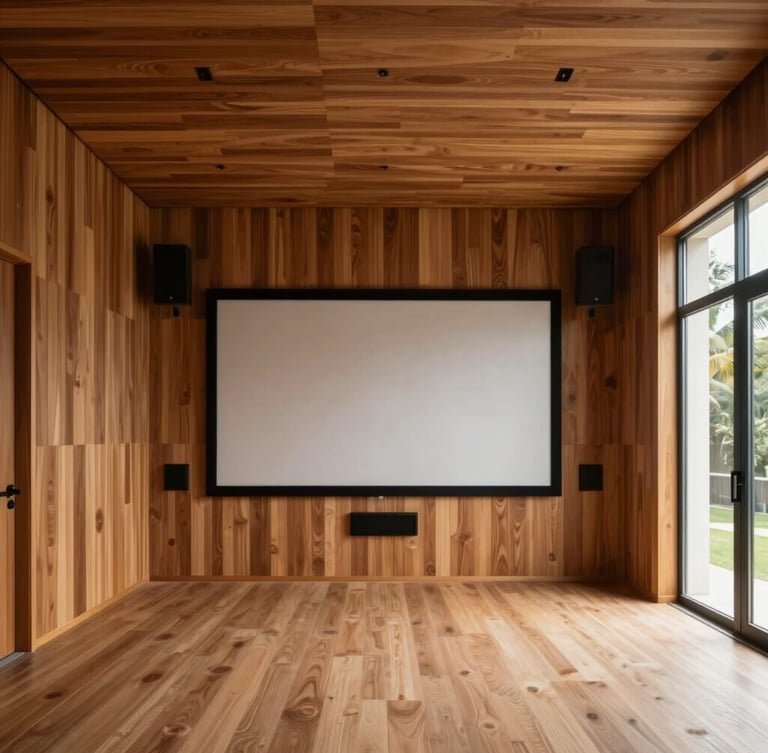 Symmetrical wide architectural shot of a minimalist luxury home theater in a Scandinavian-inspired Indian villa, warm walnut wood acoustic paneling, completely integrated invisible speakers, soft natural light from a side window.