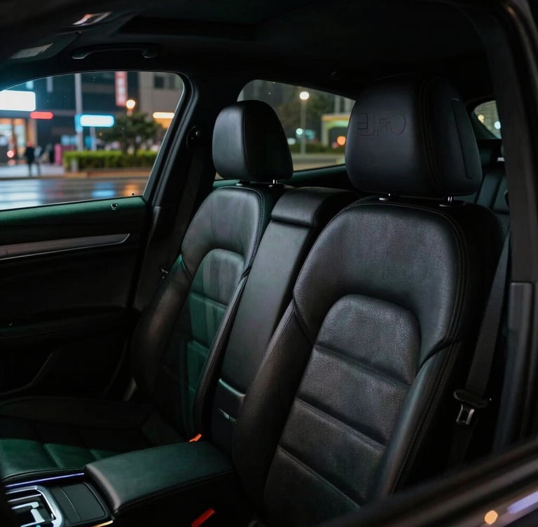 Cinematic close-up of a clean black leather interior of a premium sedan, soft green dashboard glow, nighttime urban reflections on the side window