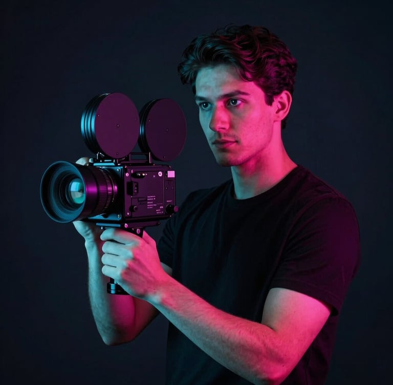 Moody portrait of a creator holding a modern cinema camera, dramatic neon magenta and cyan gel lighting, high-contrast dark tones, sharp focus, 35mm lens.