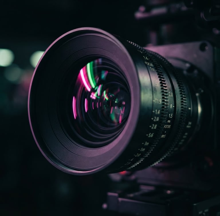 Extreme close-up of a high-end cinema camera lens reflecting vibrant pink and electric green neon studio lights, shallow depth of field, moody dark background
