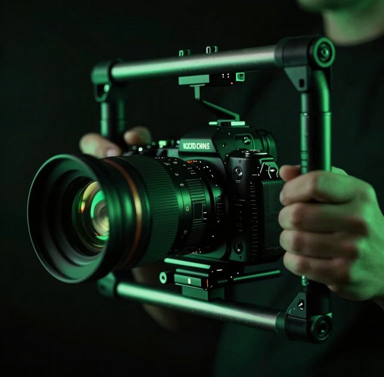 Extreme close-up of a creator holding a professional camera rig under electric green neon lighting, high-contrast dark tones, moody studio setting