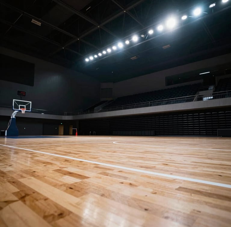 Low-angle heroic shot of a modern indoor multi-sport arena, polished wooden basketball court lines in the foreground, dramatic stadium floodlights casting sharp shadows, high-contrast cool tones.