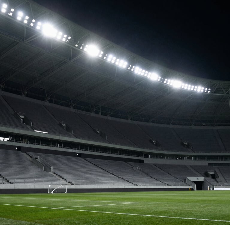 Low-angle heroic shot of an empty modern sports arena under dramatic stadium floodlights, high-contrast cool tones, sharp action freeze, 85mm lens