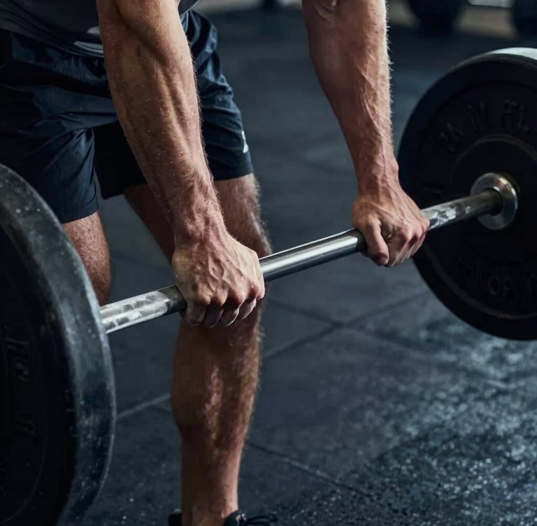 Chiaroscuro close-up of a man's chalked hands gripping a heavy barbell in a dark gym, dramatic side-lighting, cool navy shadows, gold highlights on the skin texture, raw concrete background.
