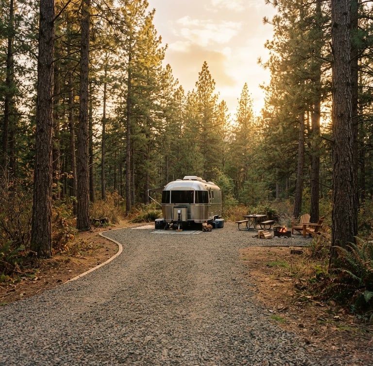 Wide-angle eye-level shot of a clean gravel RV slip buffered by tall native pine trees under a warm golden hour sky, 35mm film texture.