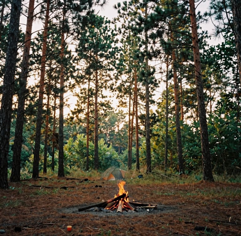 Eye-level shot of a private campsite buffered by thirty feet of native pine trees, soft golden-hour light filtering through the branches, campfire ring in the foreground, 35mm film texture.