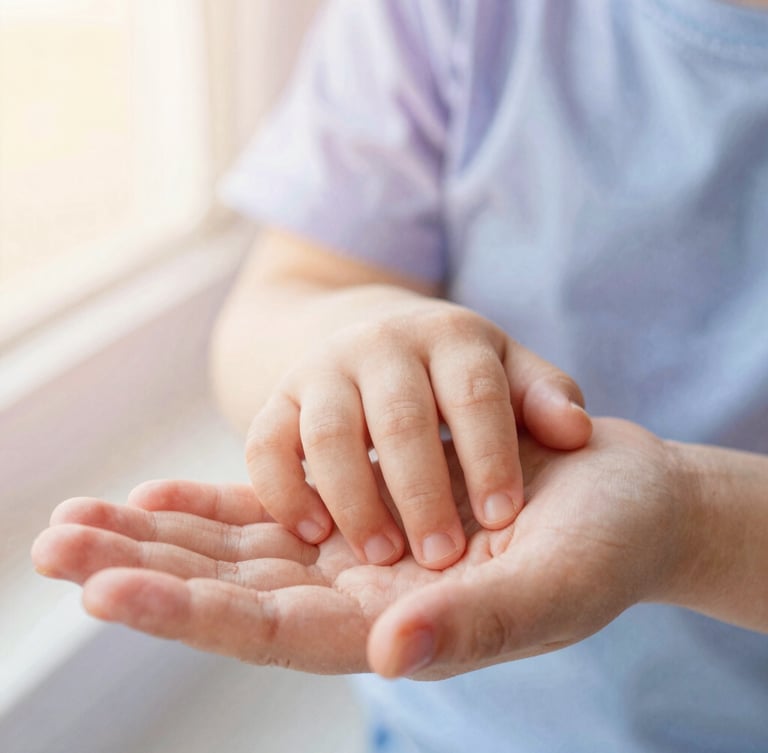 Intimate macro shot of a child's small hand resting in a parent's open palm, soft watercolor tones of lilac and blue in the background, warm diffused light.
