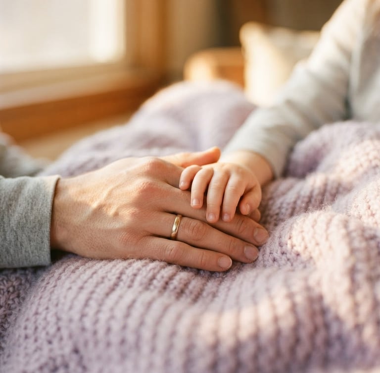 Close-up of a parent holding a child's hand gently, soft lavender knitted blanket, warm golden-hour window light, shallow depth of field, 35mm film.