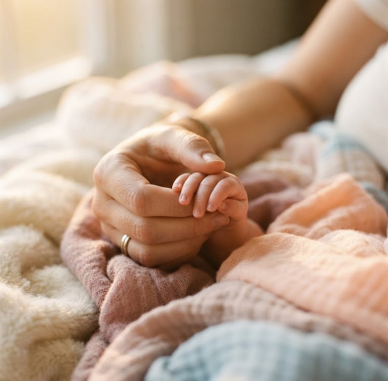 Intimate macro shot of a parent's hand gently holding a baby's tiny hand, warm golden-hour window light, soft pastel blankets, shallow depth of field