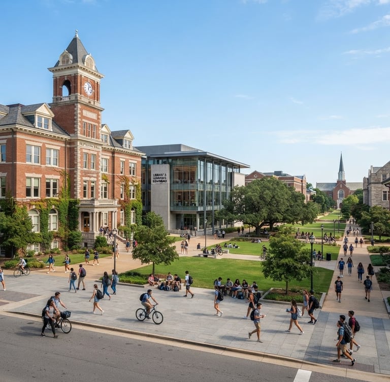 Bright natural daylight, wide environmental shot of a modern university campus with historic brick architecture, crisp editorial photography, 35mm lens.