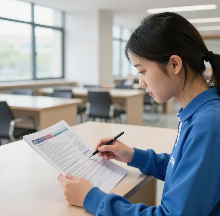 A focused student reviewing visa documents in a bright, modern university library, 35mm lens, natural daylight.