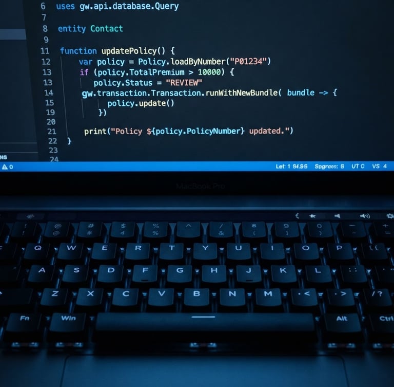 Macro overhead shot of a clean code editor displaying Gosu code, cool blue screen-glow illuminating dark mechanical keyboard keys, sharp technical blueprint aesthetic, 50mm focus