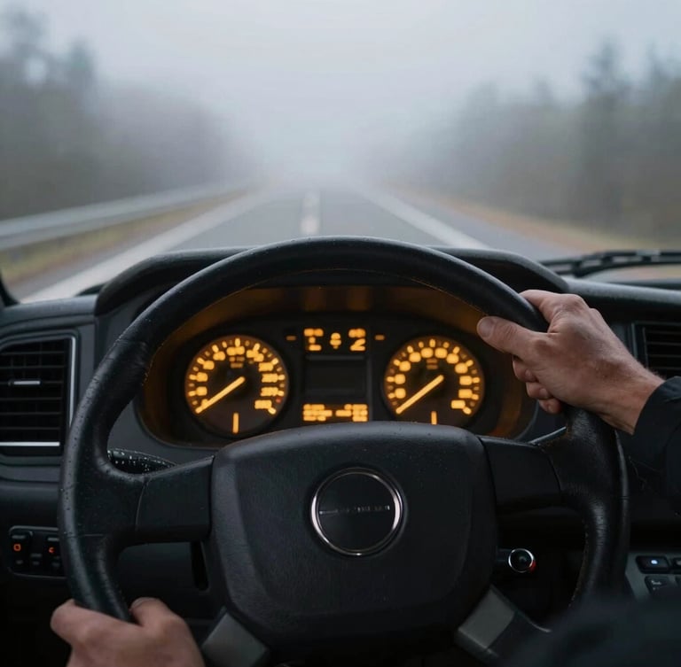 Close-up of a truck driver hands on a steering wheel, dashboard instruments glowing warm gold in the early morning mist, high contrast