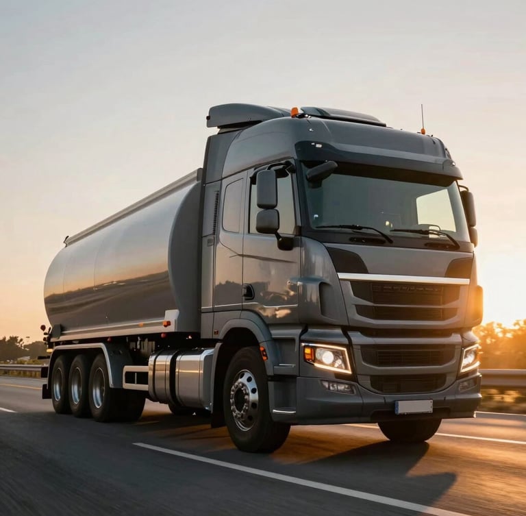 Low-angle heroic shot of a modern heavy-duty dry van truck speeding on a highway at golden hour, dramatic morning glare, deep steel gray cabin, warm gold sunlight reflecting off the chrome, cinematic 35mm lens photography.