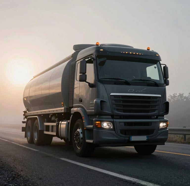 Low-angle heroic shot of a heavy-duty dry van truck on a misty highway, dramatic morning glare, deep steel gray tones, high contrast, 35mm lens
