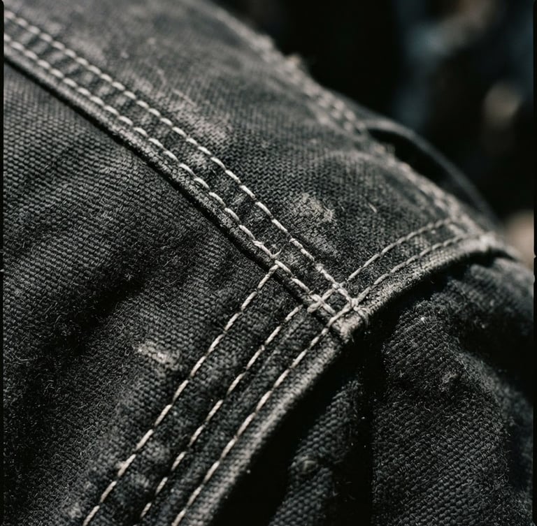 Gritty close-up detail of reinforced double-stitching on heavy black canvas fabric, harsh direct sunlight with sharp contrast shadows, gritty streetwear photography, 35mm film