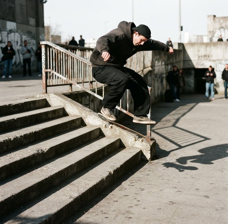 Low-angle gritty 35mm film shot of a skater performing a trick over concrete stairs, harsh direct sunlight, long dark shadows, wearing loose fit black pants
