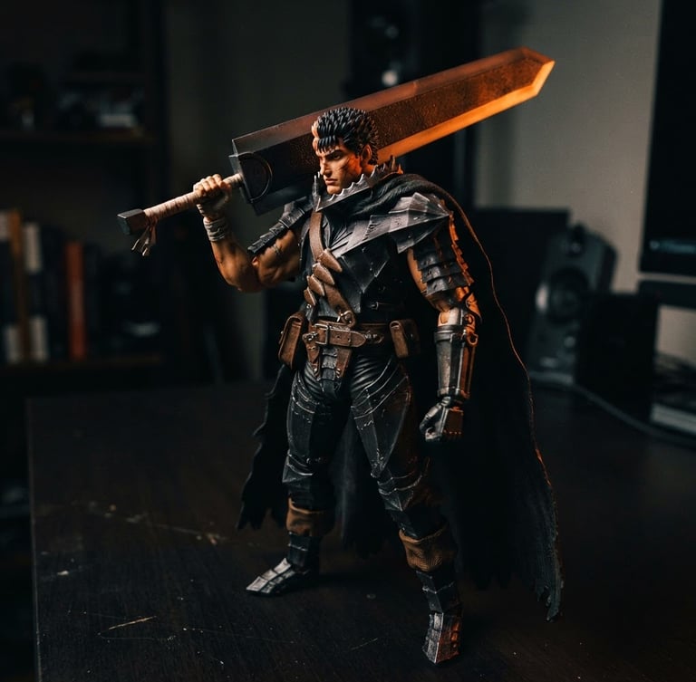 Dramatic close-up of a premium anime action figure on a clean dark desk, vibrant orange rim lighting, moody high contrast shadows, 35mm photography